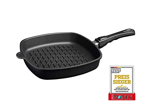 AMT Gastroguss Sartén angular con base de barbacoa para inducción, 28 x 28 cm, 5 cm de altura, aluminio fundido Lotan® antiadherente para cocinar sin grasa, con mango extraíble, AMZN-I-E285BBQ-Z20B.
