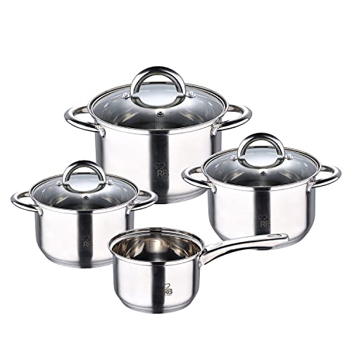 RENBERG Alexander | Batería de Cocina de 7 Piezas con 3 Cacerolas de 18, 20 y 24cm de Diámetro Con Tapa + 1 de 16cm Sin Tapa | Acero Inoxidable | Juego de Cacerolas | Fondo Encapsulado de 5 Capas