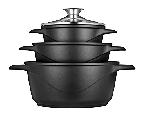Smile MGK18 - Batería de Cocina Inducción 6 Piezas Aluminio Fundido, 3 ollas, Tapas de Vidrio Templado, Revestimiento Antiadherente, Apta para Todo tTpo de Cocinas, Libre PFOA