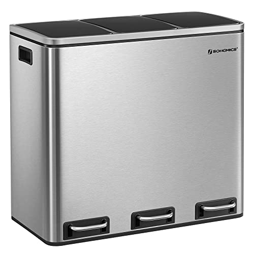 SONGMICS Cubo de Basura para Cocina, 3 x 18 L, Basurero de 3 Compartimentos para Reciclaje, Residuos, Restos de Comida, Tapas de Cierre Suave, Pedales, Cubetas, Acero, Plata y Negro LTB54NL