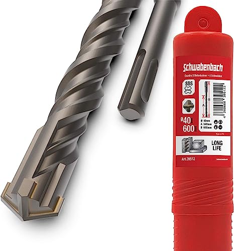 SCHWABENBACH ® Broca SDS Plus 40mm x 600 - Broca para hormigón - Perforación precisa y rápida en hormigón - Puntas de carburo de primera calidad - Broca para mampostería larga - No se engancha