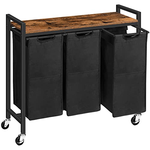 HOOBRO Cesto para Ropa Sucia, Cesta Colada con 3 Bolsas Extraíbles, Carro de Lavandería, 3 x 39,8 L, 84 x 33 x 74,5 cm, para Lavadero, Baño, Marrón Rústico y Negro EBF38XY01G1