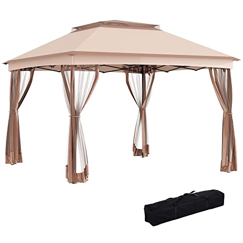 Outsunny Carpa Plegable 3.25x3.25m Gazebo Pabellón Cenador Jardín Doble Techo Mosquitera Bolsa Transporte Marco Acero Tela Poliéster Resistente de Agua