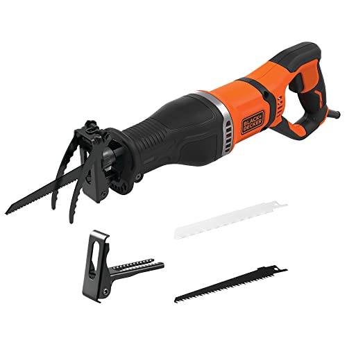 BLACK+DECKER BES301-QS - Sierra de sable 750 W, Velocidad variable, 2800 rpm, Profundidad del cabezal ajustable, Cambio de hoja sin herramientas, Soporte de rama desmontable, Incluye 2 hojas