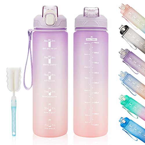 YC Kitchen Botella Agua Motivacional, Botella de Agua de 1Litro para beber, fugas a prueba de fugas y no BPA, Botella Agua Niños Deportiva con correa de paja y transporte