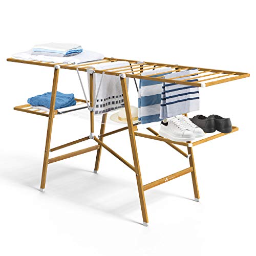 VOUNOT Tendedero de Ropa Plegable, para Interior, 20 m de Espacio de Tendido, Acero Inoxidable, Imitación de Apariencia de Madera