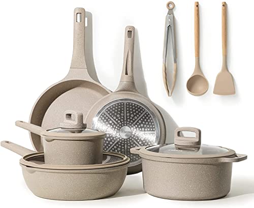 CAROTE Juego Sartenes Antiadherentes, Batería de Cocina con Tapas, Sartenes induccion 24/28cm, Ollas Cocina 4,3L, Cacerola 1,4L, Wok 28 cm, Espátula, Cuchara, Pinzas, Libre de PFOA
