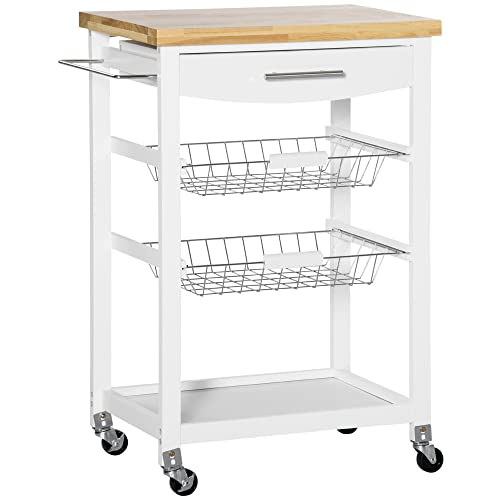 HOMCOM Carro de Cocina con Ruedas Carrito de Servicio con 1 Cajón 2 Cestas Extraíbles Estante Inferior y Barra para Colgar para Comedor Salón Carga 27,5 kg 63x40x86 cm Blanco