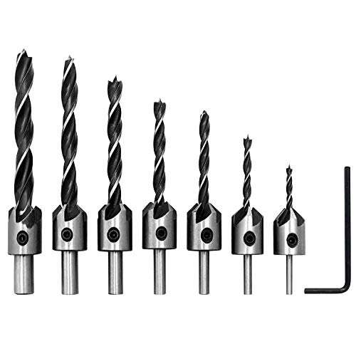 QWORK - Broca avellanadora madera , HSS brocas madera , con Llave Hexagonal , para taladros eléctricos, taladros de banco , 3 / 4 /5 / 6 / 7 / 8 / 10mm , 7 Piezas