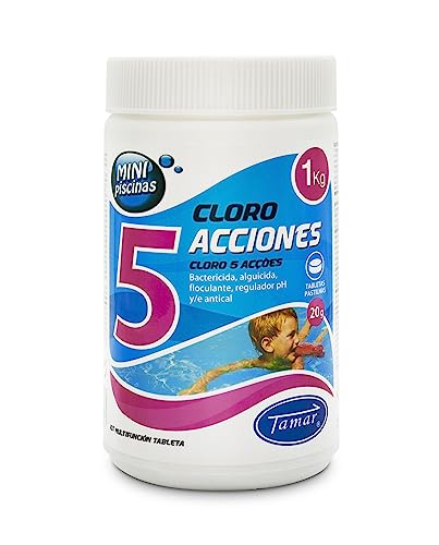 Tamar Cloro 5 Acciones,Tabletas Multifuncion 20 grs, Mini Piscinas,pastillas disolución lenta, biocida, mantenimiento agua piscina, desinfectante, clarificante, alguicida,regulador pH y antical 1 Kilo