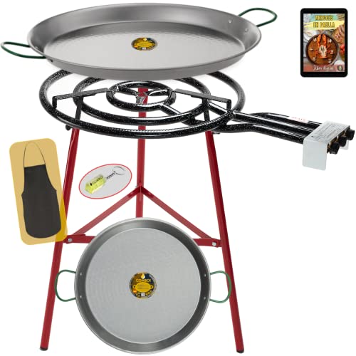 COMBOI - Kit Paellero - Quemador gas butano 60 cm, paellera de 70 cm + paellera 42 cm, Soporte Patas reforzadas, nivel, delantal, libro de recetas digital