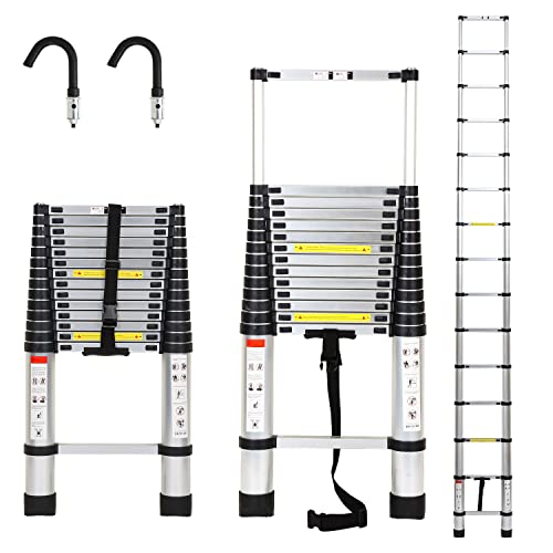 Cecaylie Escalera telescópica de Aluminio de 4,4 m con 2 Ganchos extraíbles, Escalera telescópica Extensible Multifuncional, telescópica Antideslizante Carga máxima 150 kg