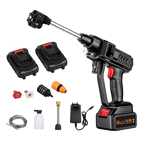 Aumotop Hidrolimpiadora a Batería Hidrolimpiadora de Alta Presión Portátil para Auto Coches Jardines, Caudal 60L/h Limpiadoras a Presión con 5m Manguera, 4 Boquillas, 2 Batería 24V