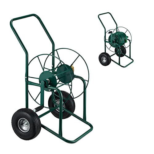 Relaxdays Carrito Carro Portamangueras, hasta 80 m, 2 Neumáticos, Acoplamiento por Clic, Soporte Mangueras Metal, Jardín, Verde, 80% Acero 20% Goma, 93 x 62 x 50 cm