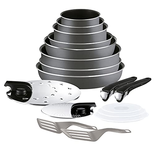 Tefal Ingenio Essential -Juego de 4 Sartenes, 3 Cazos: Sartenes 22/26/28 cm, Wok 24 cm, Cazo 16 cm, Cacerolas 18/20 cm, 2 tapas y mangos extraíbles, Thermospot, horno y lavavajillas, Gris Oscuro