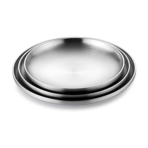 Placa de porcelana Aislamiento de doble capa del hogar 304 placa de acero inoxidable, plato plano redondo plato plato plato plato de barbacoa 10 pulgadas placa de fruta placa de postre 3 piezas Cena f