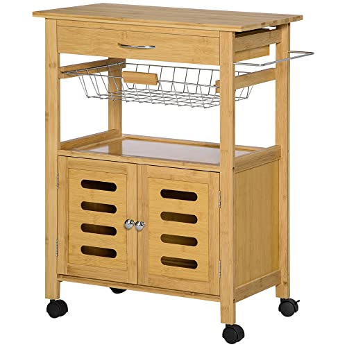 HOMCOM Carrito de Cocina con Ruedas de Bambú Carro Verdulero con 2 Puertas 1 Cajón Cesta Extraíble y Barra Colgar para Salón Comedor 66x36x79 cm Natural