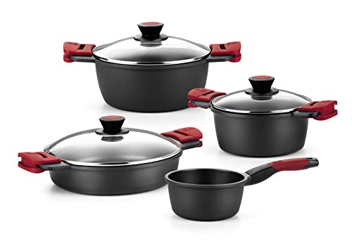 BRA Premiere - Batería 4 piezas de aluminio fundido con antiadherente, apta para todo tipo de cocinas Incluso inducción, Color Negro, Rojo [Amazon Exclusive]