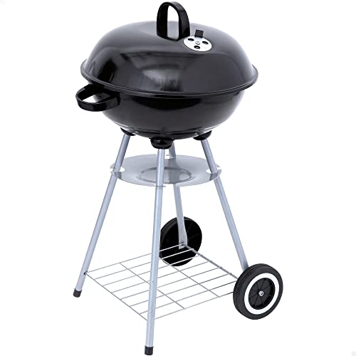 Aktive 52971 - Barbacoa carbón portátil redonda Ø46x89 cm, Con tapa y rejilla de ventilación, Doble parrilla con rejilla de ventilación, 2 ruedas incorporadas para fácil transporte