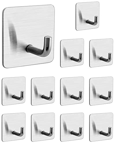 QWORK 12 piezas Ganchos de pared adhesivos, acero inoxidable 304, perchas adhesivas, para baño, cocina, inodoro, armario