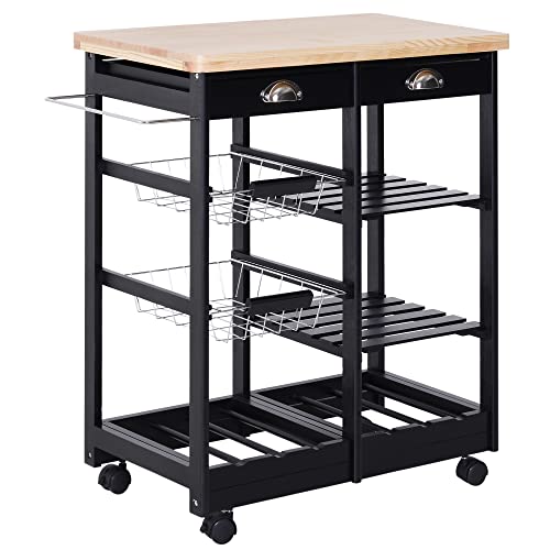 HOMCOM Carro de Cocina Carrito de Servir Multiusos Estantería Carrito Auxiliar con Ruedas para Baño Dormitorio con Estante Cajón Armario 74x37x76cm Negro