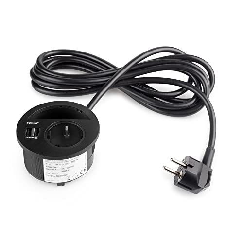 Emuca - Multiconector y pasacabales para empotrar en Muebles, 1 Enchufe Schuko EU y 2 Puertos USB, Pintado Negro, Plástico
