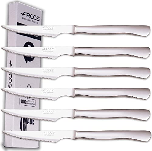 Arcos Juego Cuchillos Carne | 6 Piezas | Cuchillos carne cuchillo chuleteros | cubiertos acero inoxidable | Hoja 110 mm | mango monobloque | aptos lavavajillas | Caja Envase Ecológico
