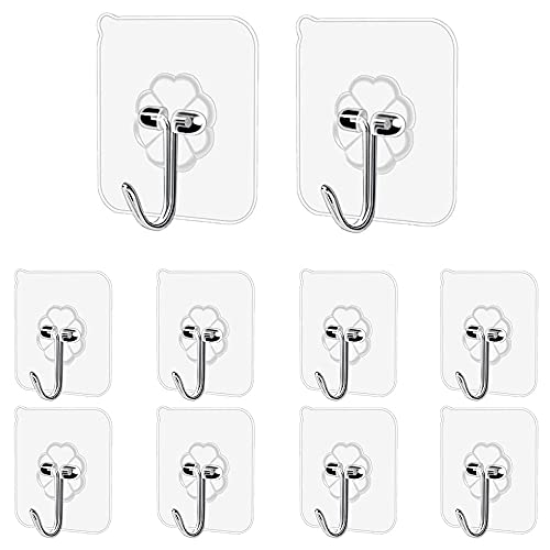 Gancho sin perforaciones, ganchos adhesivos, ganchos de pared de cocina, 17 libras (máximo), ganchos transparentes reutilizables sin costuras, ganchos autoadhesivos para baño, 10 unidades (10)