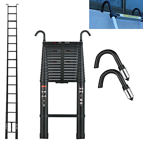 Escalera telescópica de 6.2 m, Escalera de Extensión Telescópica Portátil Recta con Capacidad de Gancho 300LBS, Aluminio Resistente, para Exteriores E interiors, Negro