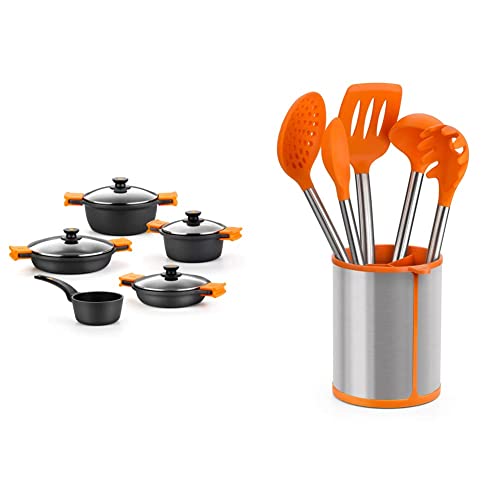 BRA Efficient - Batería 5 piezas, de aluminio fundido con antiadherente, apta ] & Efficient Conjunto De 5 Utensilios De Cocina Y Carrusel, Acero INOX, Nailon y Silicona, Naranja