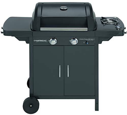 Campingaz 2 Series Classic EXS Vario Barbacoa de gas con 2 quemador, 7.5kW de potencia, Parrilla y plancha de hierro fundido, 1 mesa lateral, 10 litros, Negro/Gris
