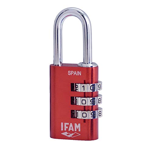 IFAM Candado de Combinación Col Combi, 20mm, Color Rojo, Máxima Seguridad, Ideal para Mochilas y Maletas, Con Clave y Más de 1.000 Combinaciones, Aluminio, Gran Ligereza, Arco 3mm