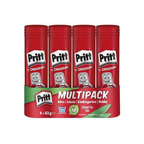 Pegamento en barra Pritt, pegamento seguro y apto para niños para manualidades, pegamento fuerte para uso escolar y de oficina, 4x 43 g Pritt en barra