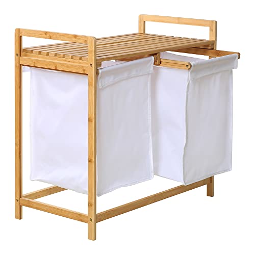 Edaygo Cesto para la Colada de Bambú Colector Arcón para Ropa Estantería con Compartimento Deslizante Doble y 2 Bolsas Extraíbles, 67 x 70 x 36,5 cm (Al x An x Pr) Blanco