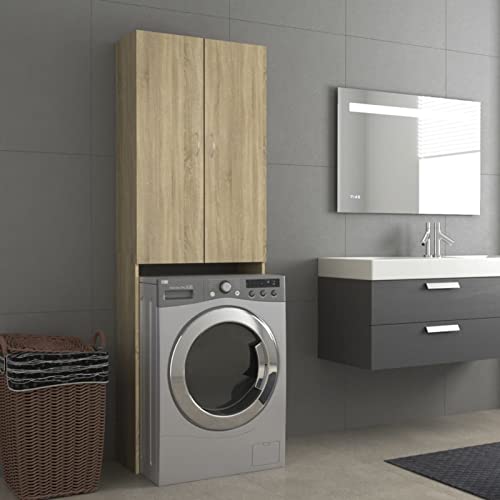 JUNZAI Armario de Lavadora, Mueble Lavadora, Estanteria Lavadora, Muebles Estanterias, Mueble para Lavadora Y Secadora, Roble Sonoma 64x25,5x190 cm