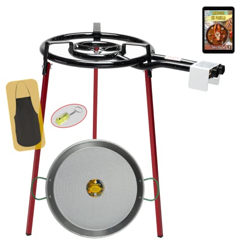 COMBOI - Kit Paellero de gas butano 40 cm, paellera de 46 cm, Soporte de 3 Patas, nivel, delantal, libro de recetas digital