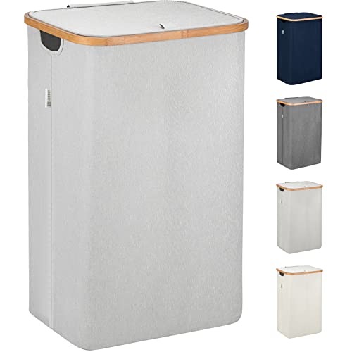Lonbet - Cesto Ropa Sucia con Tapa Gris Claro - XL 100 litros - Cubo Ropa Sucia Grande con Asas - Cesto para la Colada - Cesto Ropa Sucia de Bambú