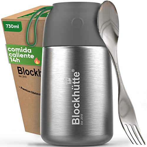 Blockhuette Termo para comida caliente de acero inoxidable I 730ml I Con cepillo y tenedor - cucharaI Fiambrera termica para adultos y niños I Termo solidos para papillas y muesli I Recipiente termico