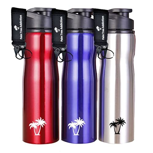 Palm Tree Addiction Botella agua acero inoxidable 750ml, cantimplora acero inoxidable con mosquetón para deporte, botella agua adultos y niños (Rojo)