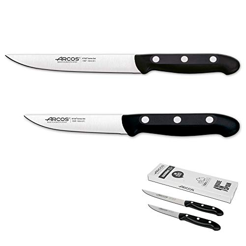 Arcos Juego Cuchillos Cocina | Cuchillos Cocina 2 pzas | Cuchillo Cocina Profesional (150 mm) | Cuchillo Cortador Verduras (100 mm)| Acero Inoxidable Nitrum | Mango Negro | Envase Eco