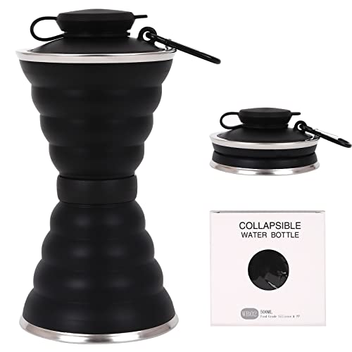 500ml Botella de Agua Plegable Botella Deportiva de Silicona Portátil Botella de Agua de Gimnasio a Prueba de Fugas sin BPA con Mosquetón Botella de Bebida Plegable para Ciclismo Senderismo Negro