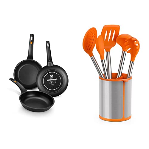 BRA Efficient-Set de 3 sartenes, 20-24-28 cm, aluminio fundido con antiadherente Platinum Plus, NEGRO [Amazon Exclusive] & Efficient Conjunto De 5 Utensilios De Cocina Y Carrusel, Acero INOX, Naranja