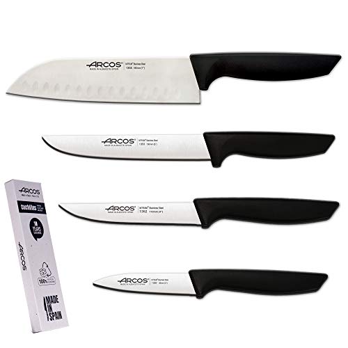 Arcos Juego Cuchillos Cocina Profesionales| Cuchillos Cocina Profesional | Cuchillos Acero Inoxidable Mango Negro | utensilios de cocina | cuchillo japones Santoku | lavavajillas (4 Piezas)