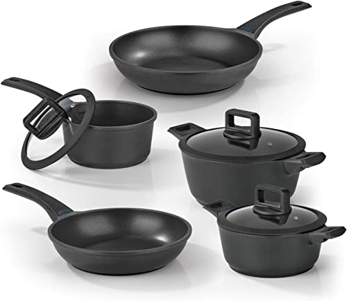 N8WERK Juego de ollas y sartenes de Aluminio Fundido Edición Medianoche | 8 Piezas | indicador de Temperatura Que Cambia de Color | Apto para Todo Tipo de cocinas, incluida la inducción