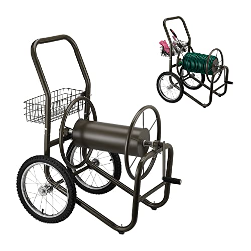 Relaxdays Carrito Carro Portamangueras, hasta 90 m, Acoplamiento por Clic, 2 Neumáticos, Cesta, Soporte Mangueras Metal, Marrón, 70% Acero 20% Goma 10% latón, 100 x 58 x 88 cm