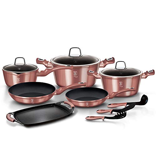 Berlinger Haus I-Rose Batería Cocina Inducción 12 Piezas, Antiadherente Titanio sin PFOA, Aluminio, Set 2 Cazuelas, 3 Tapas Cristal, 1 Cazo, 1 Plancha, 2 Sartenes, 3 Utensilios, Diseño Moderno, Vitro