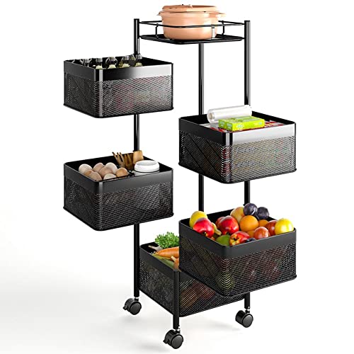 BAKAJI Carro de Cocina de Metal con 5 estantes de Cesta Que se Pueden Abrir y 4 Ruedas giratorias a 360 Grados, Ideal para Ahorrar Espacio, decoración del hogar, Cocina (Cuadrado)