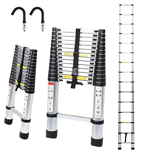 Cecaylie Escalera telescópica Antideslizante, 4,4 m de Aluminio con Gancho extraíble, Escalera Multiusos portátil y Ligera, Escalera de pie de hasta 150 kg de Capacidad de Carga, Plateado