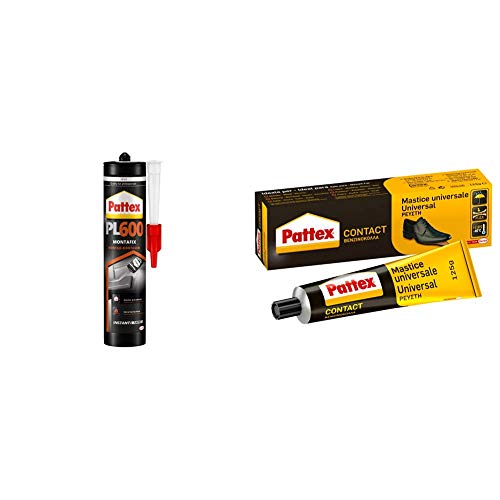 Pattex PL600, adhesivo resistente al agua y a temperaturas extremas, para interiores y exteriores, 1 cartucho x 300 ml + Pattex Cola de contacto universal instantánea multiusos, 125ml