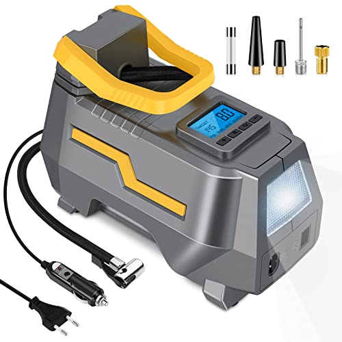 VEEAPE Compresor Aire Portatil 230V 12V, AC DC Dual Alimentación, Máx 150 PSI 10,3 Bar, Inflador Ruedas Coche, Bomba Eléctrico Digital con Pantalla LCD para Moto, Bicicleta, Pelota y Coche